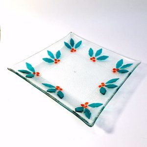 Christmas Holly Square Fused Glass Plate or Candle Plate 8.25"